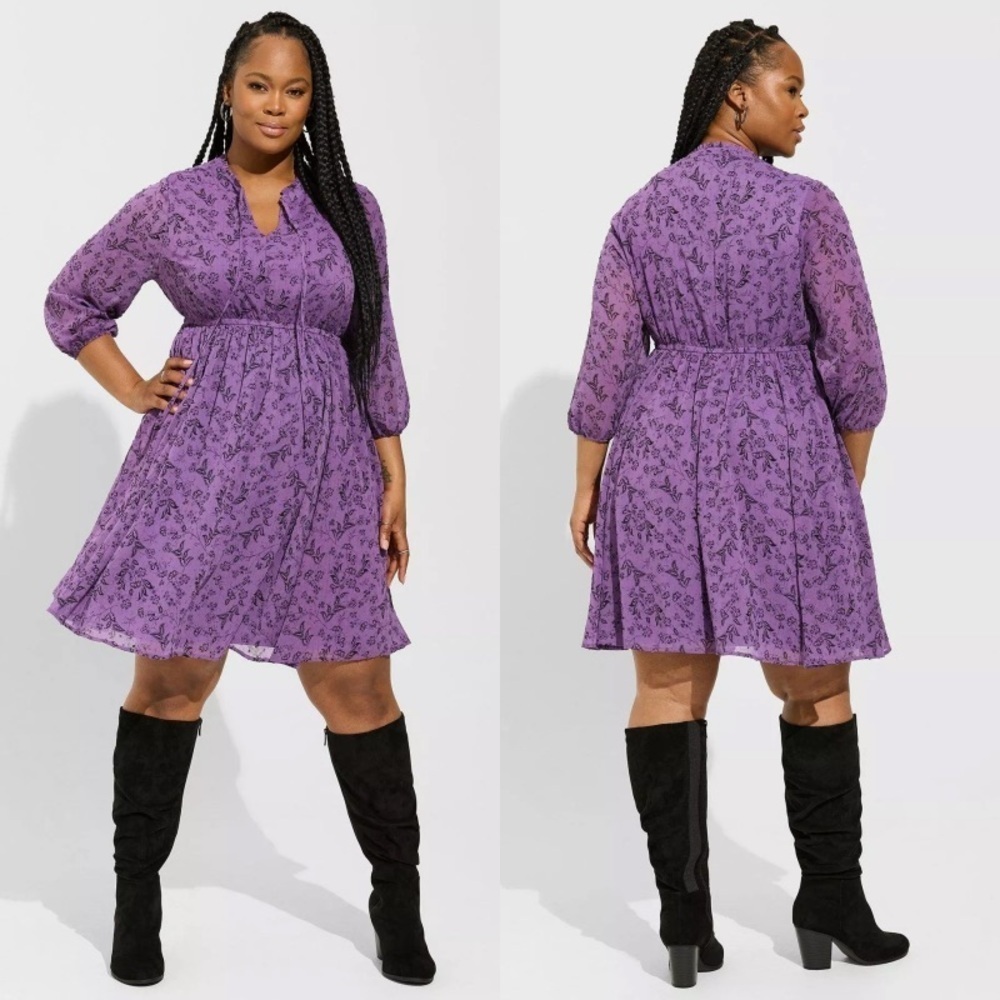 NWT Torrid Purple Floral Mini Clip Dot Front Keyhole Dress 14-16 Whimsical fairy